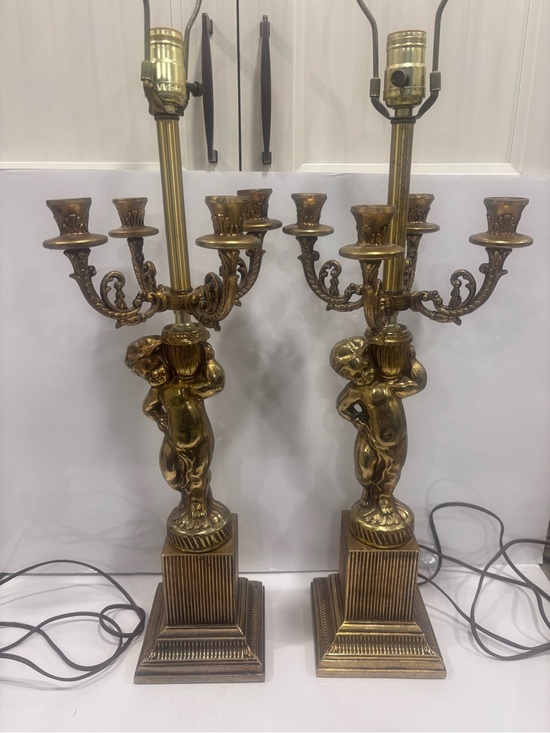 Other - Vintage brass pair of gold cherub candelabra table lamps Hollywood regency